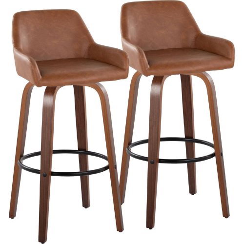 Daniella 30" Swivel Bar Stool in Walnut Wood & Camel Leatherette with Black Footrest (Set of 2)